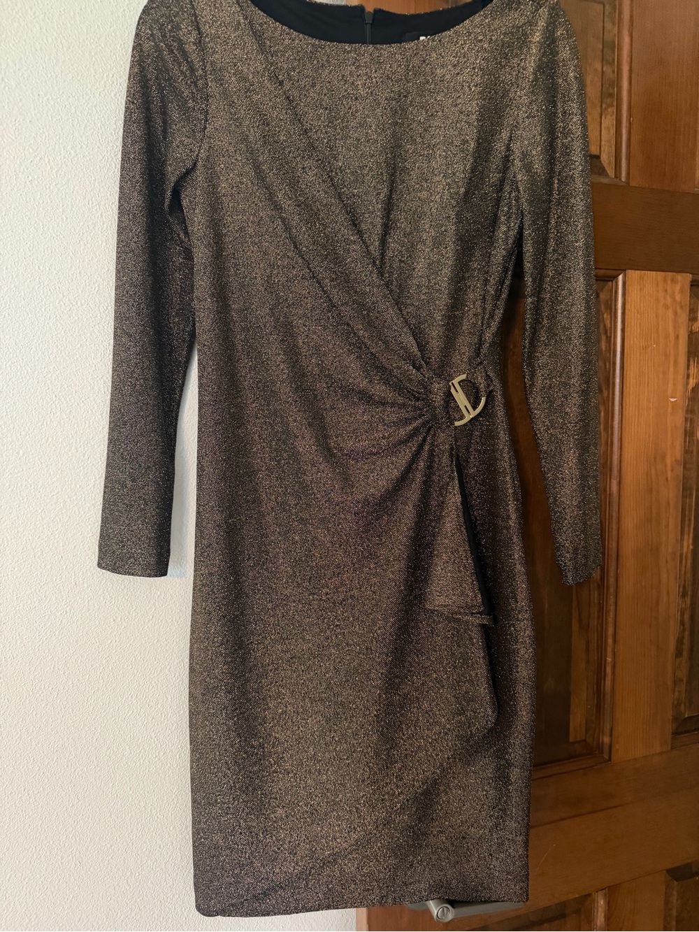 DKNY Bronze Metallic Long-Sleeve Twist Sheath Dress